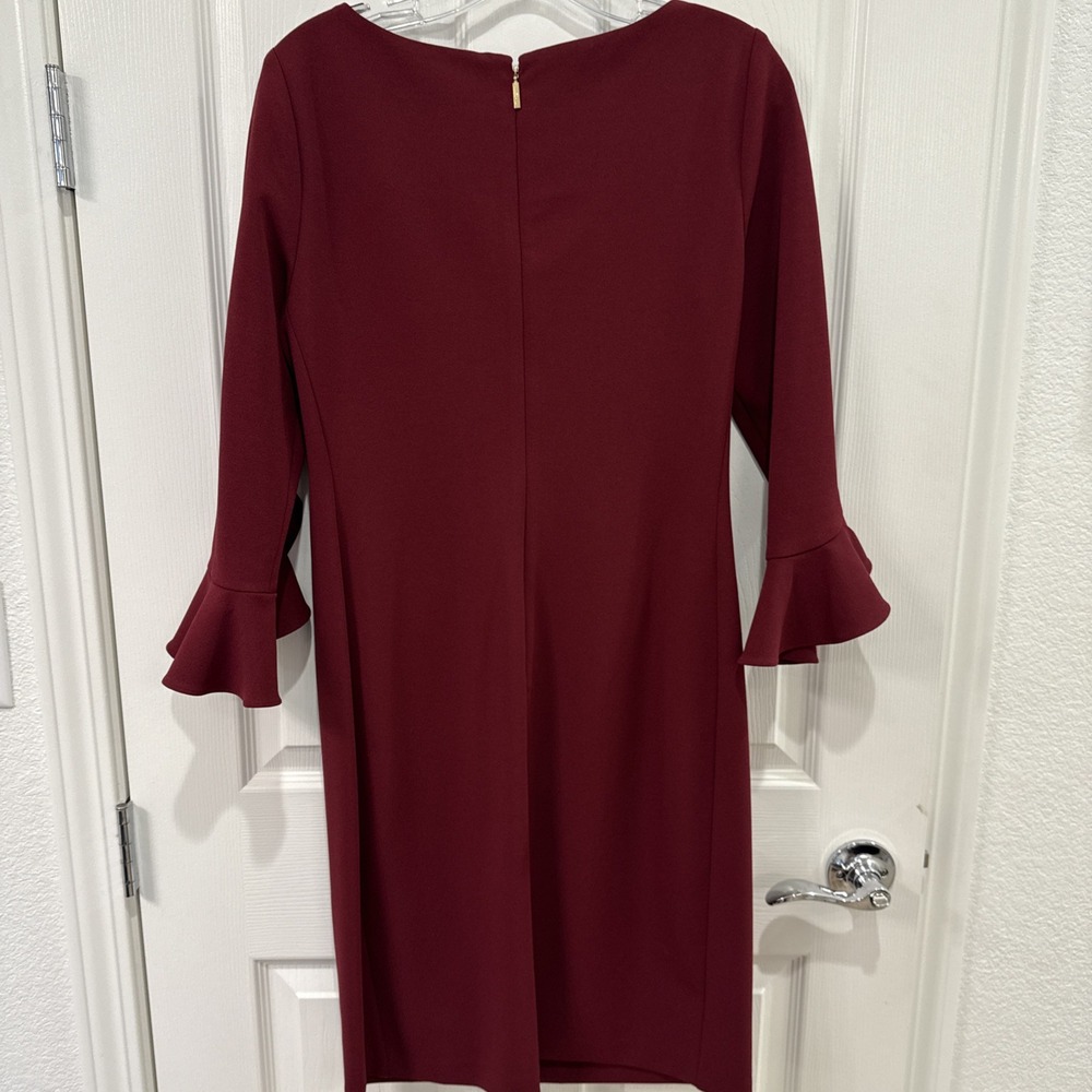 KARL LAGERFELD PARIS Wine Red Polyester Spandex Wrapped Sheath Dress Size 8 - Picture 7 of 10